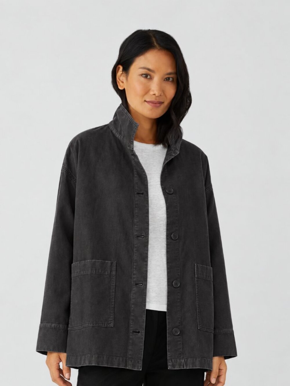 Eileen Fisher Cotton Hemp Stand Collar Chore Jacket Black Large